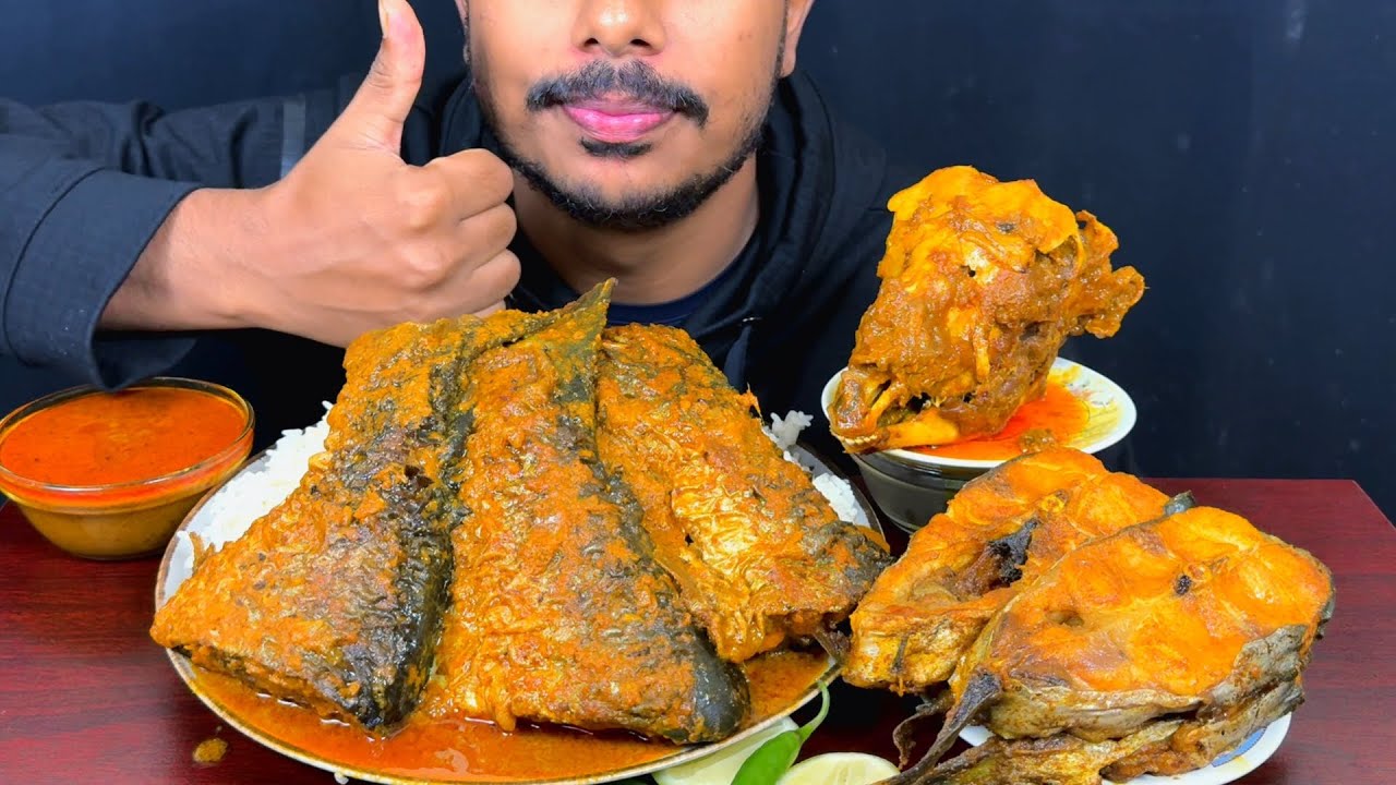 Eating Spicy Pangas Fish Curry,Fish Fry,Full Goat Head Curry With Rice Chilli || Asmr Mukbong Show