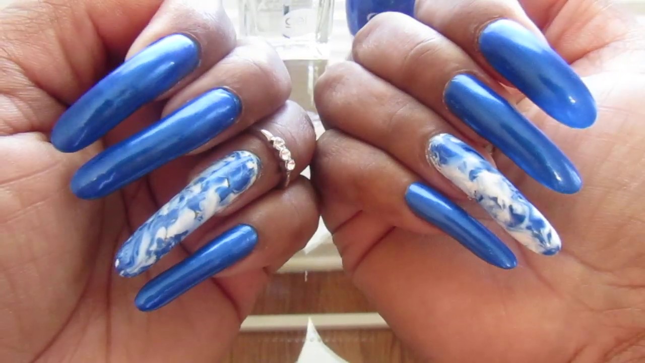 Blue and White Marble Nails with Rhinestones - wide 9