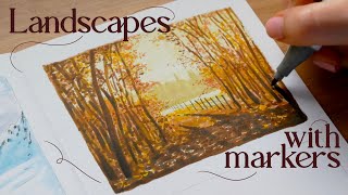 4 easy landscapes with Ohuhu alcohol markers 🍂 beginner friendly
