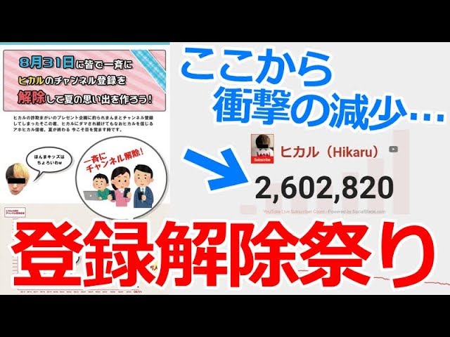 夏休み最後にヒカルのチャンネル登録を一斉に解除する祭りが凄すぎるｗｗｗｗ 生放送実況 Youtube