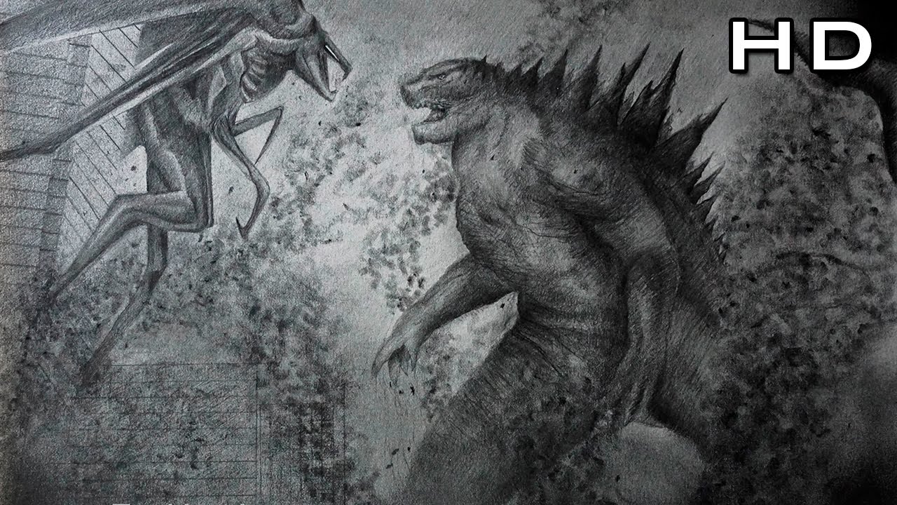 Dibujo a Lápiz de Godzilla vs Muto - Estilo Sketch - Godzilla 2014