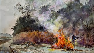 Winter Bonfire - Healing Watercolor Art - Calming