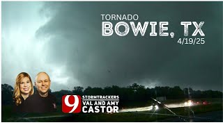 KWTV News 9 StormTrackers Val and Amy Castor track a rain-wrapped tornado SE of Bowie, TX 4/19/25