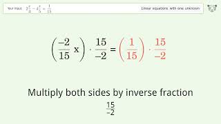 Linear equation with one unknown: Solve 2x/3-4x/5=1/15 step-by-step solution