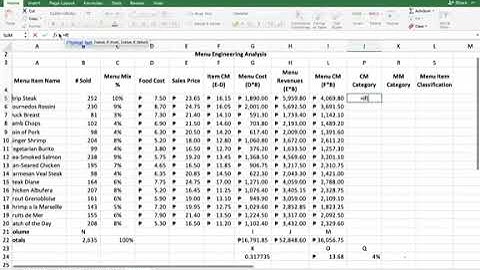 Part 4: Menu Engineering Analysis using MS Excel