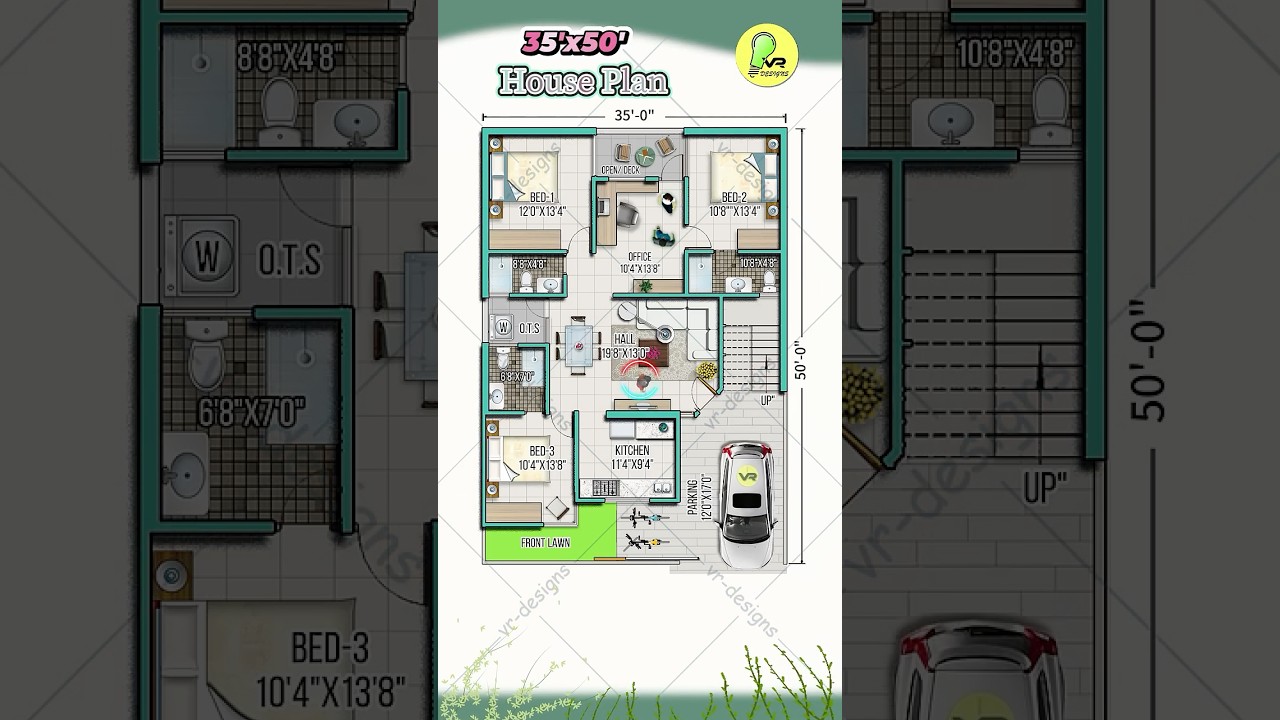 35'× 50' house plan with car parking, 3-bhk+ home office , 35 by 50 