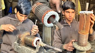 Skillful Young Guy Rewinding Process Of  Caterpillar Starter MotorRebuilding Starter Motor Armature