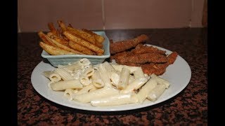 اسهل و اسرع معكرونة بالصلصة البيضاء ودجاج مقرمقش في الفرن /pasta  in white sauce /white sauce pasta