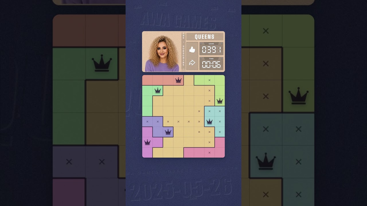 LinkedIn Queens #391 solved board for May 26, 2025, 8x8 grid