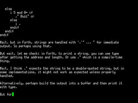 Forth (language) FizzBuzz DeepSeek-R1-Distill-Qwen-32B (ttyrec)