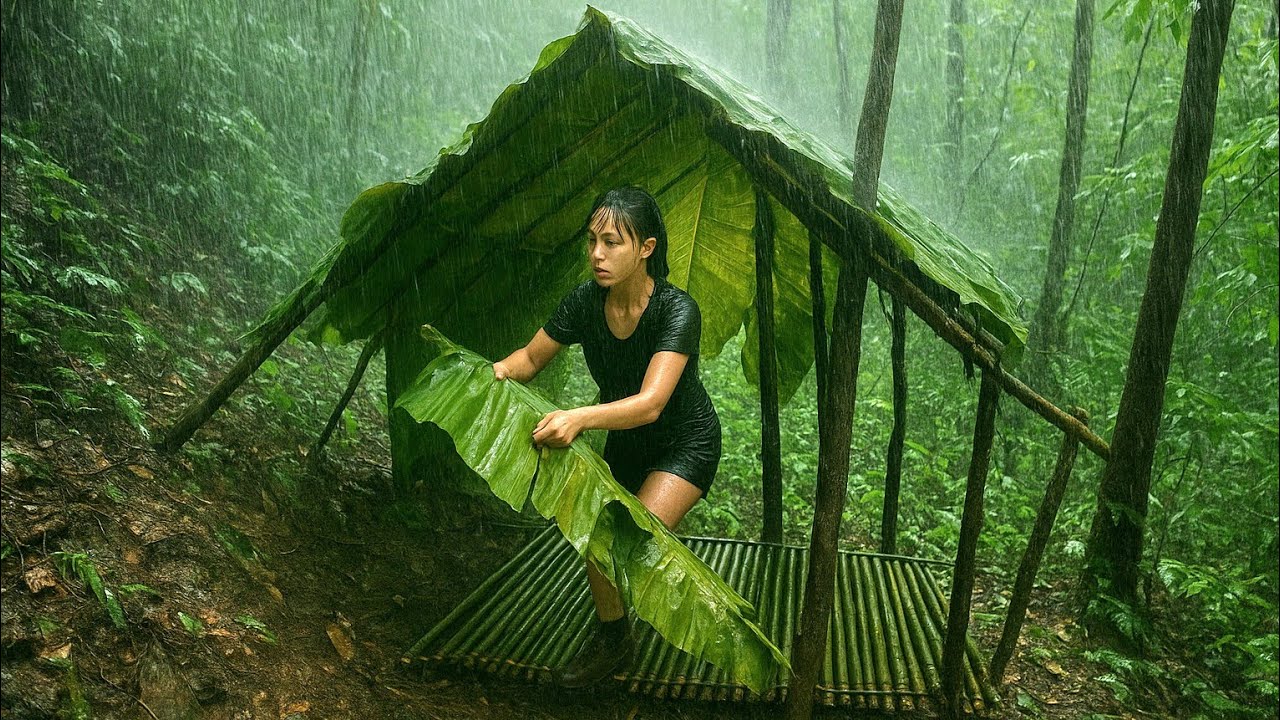 Build an emergency shelter in heavy rain - survive in the rain - YouTube