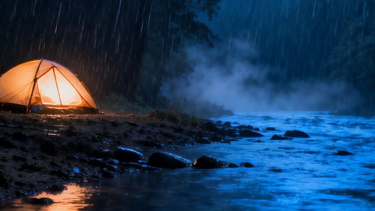 A Dark Blue Night of Rain by the Forest River