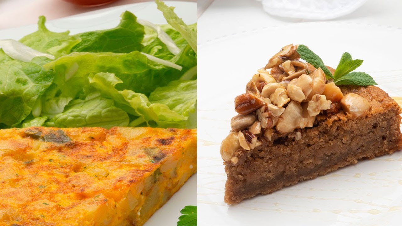 Tortilla de patatas con tomate picante y ensalada - Bizcocho de canela y frutos secos