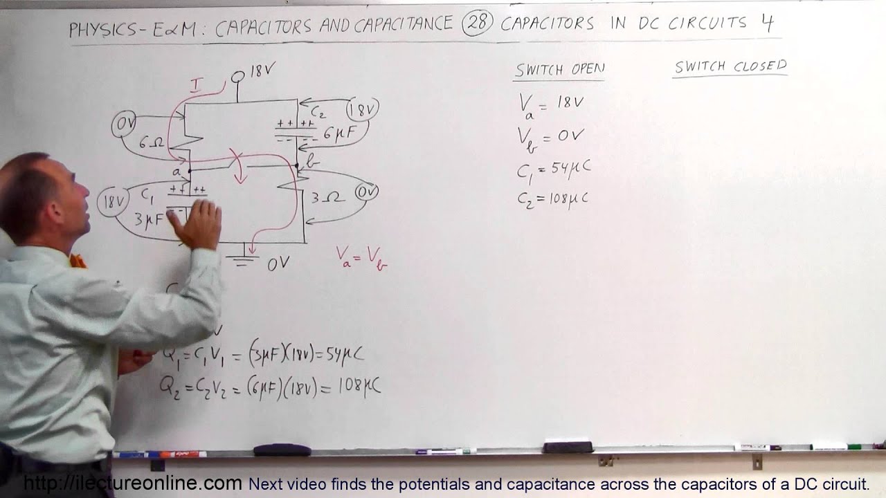 Physics 39   Capacitors (28 of 37) Find V and C in a DC Circuit with a Switch