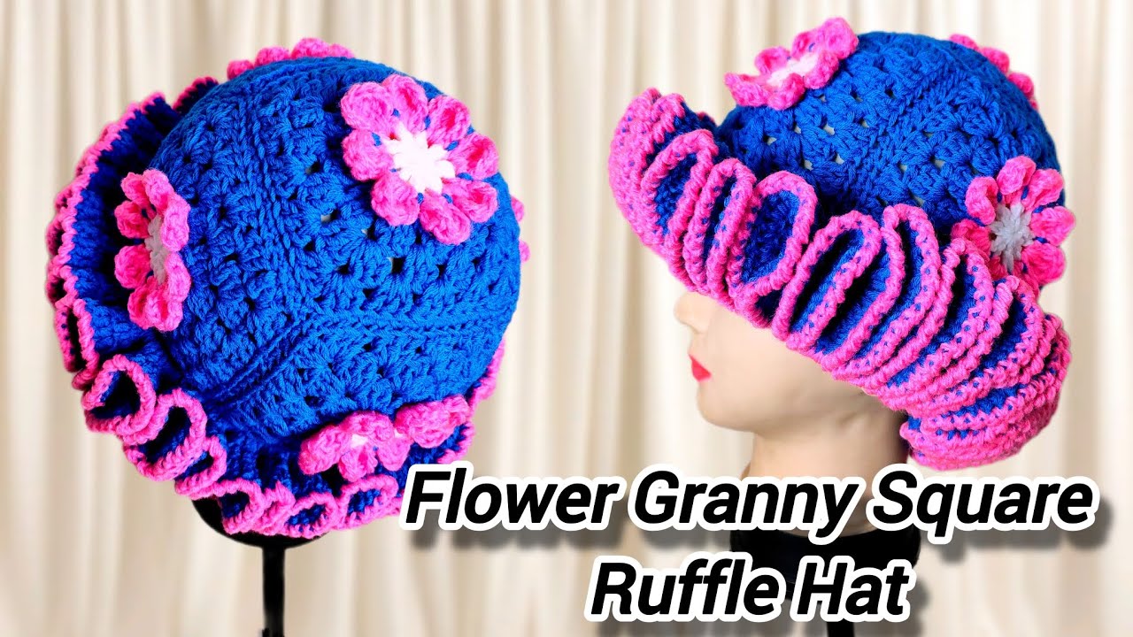 Blue Beacon Handmade Crochet Granny Stitch Ruffle Hat XL Big Blue Granny Square Ruffle Hat-Crochet | MakerPlace by  main image 4