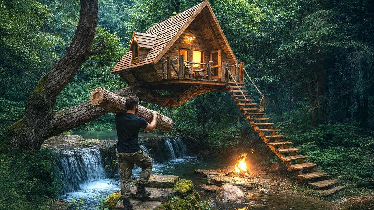 Man Build a Log Cabin Suspended Over Water | Start to Finish by