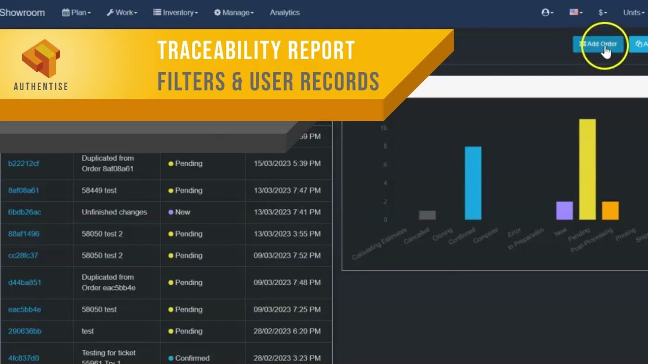 Traceability Report (Filters & User Records) - Authentise FLOWS Features
