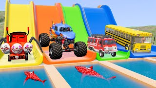 Cars vs Trains - Cars vs Deep Water - Monster Truck Rescue Bus with Flatbed Trailer Truck Car Rescue