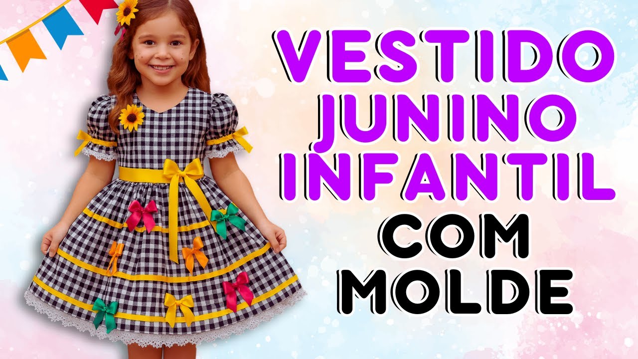 🌽 COMO FAZER VESTIDO INFANTIL DE SÃO JOÃO TEMA GIRASSOL 👗 COM MANGA BUFANTE + MOLDE
