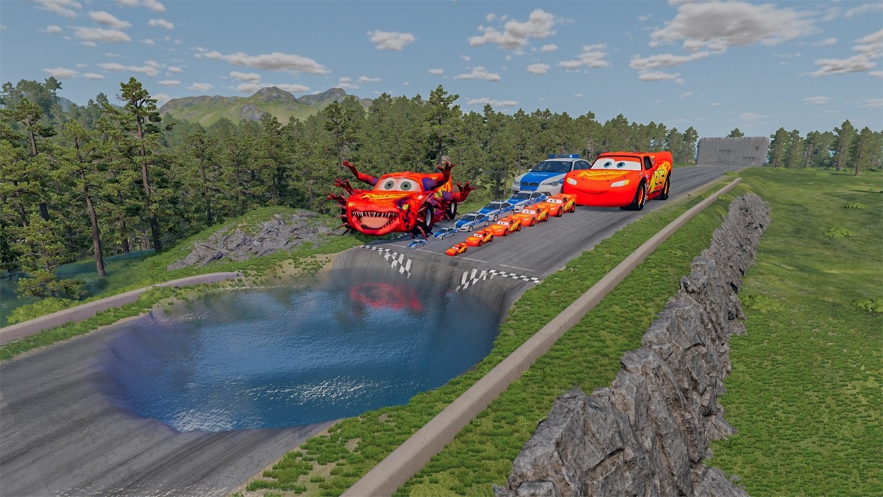 Big & Small McQueen & Police Car vs Zombie McQueen, Huge Water Pit Race - Beamng drive