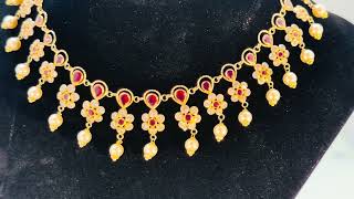 22K Gold Fancy Necklace with Red Color Stones, Pearls and CZ - P-BP0168-RD