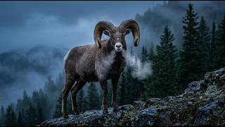 The Mountain Titan: Giant Bighorn Sheep in Misty Dark Forest | 4K ASMR