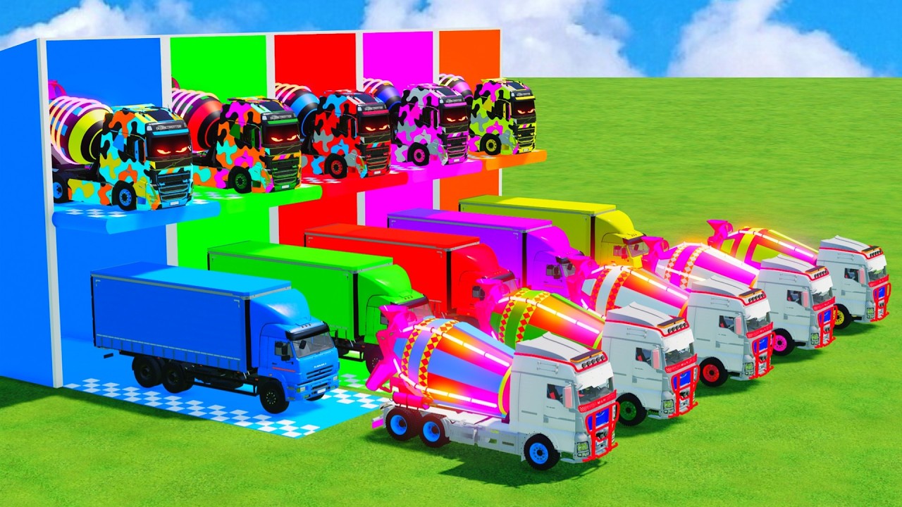Garage with Colors - ALL MIXER TRUCK WITH DOUBLE FLATBED TRAILER TRUCK, MERCEDES, KENWORTH, FREIGHTL