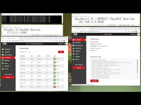 展示樹莓派作為 Modbus TCP Server（Slave Device)，在遠端執行 OpenPLC 程式，控制與樹莓派連接的 "八通道光隔離繼電器模組" 的過程