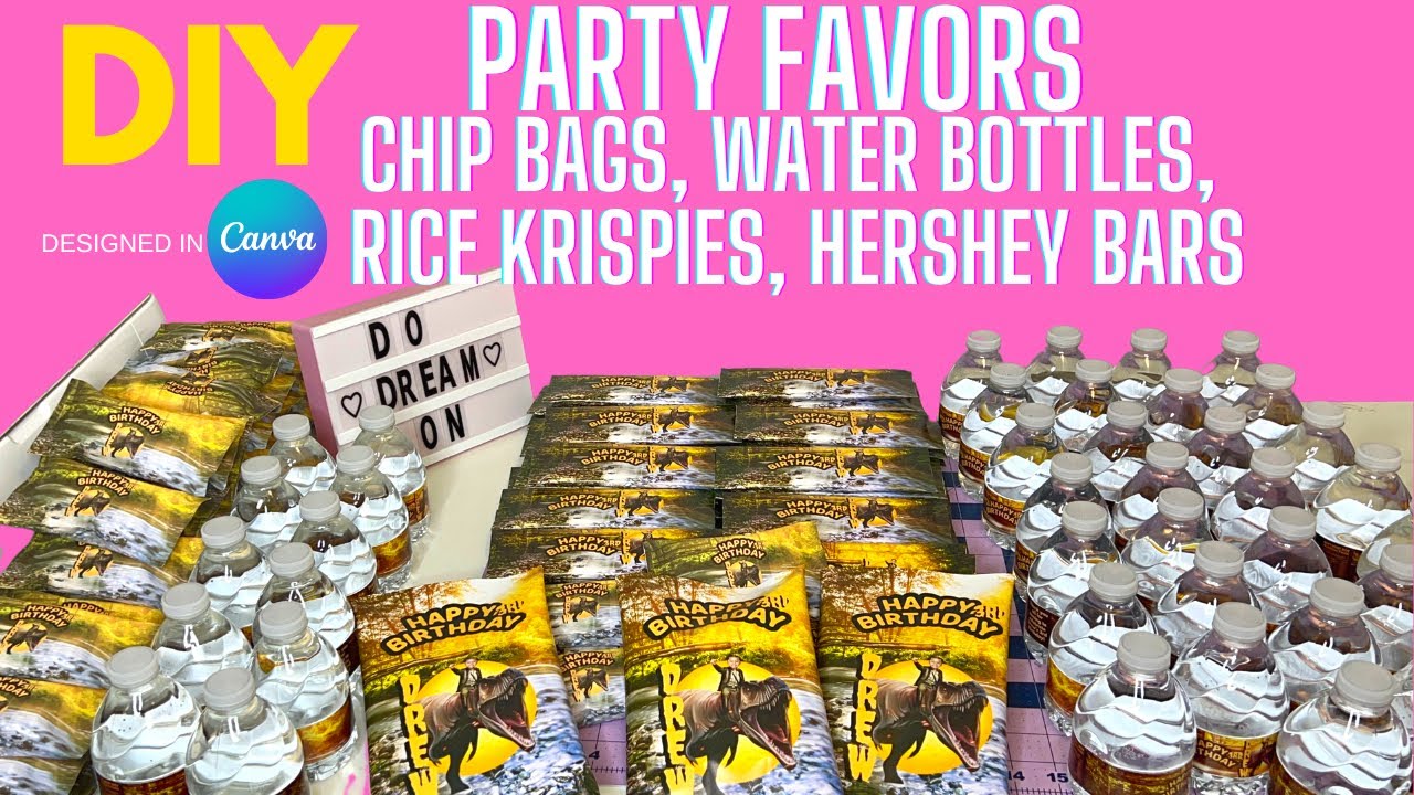 DIY How to make PARTY FAVORS Chip Bags, Rice Krispie Treats, Hershey Bars & Water Bottle Labels