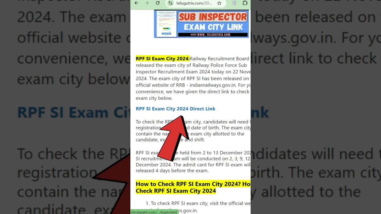 RRB RPF SI city Intimation slips download 