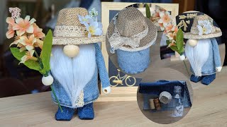 DIY Gnomes from plastic bottle and used jean. How to make hat. Making shoes from cork
