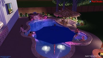 Freeform Pool Spa With Palapa And Grotto Waterfall