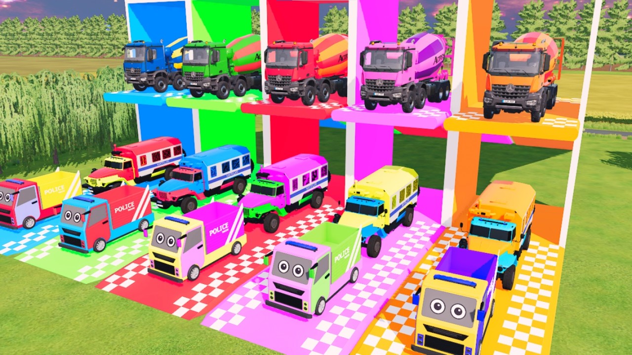 TRANSPORTING ALL CARS, POLICE CARS, AMBULANCE, FIRE TRUCK OF COLORS! WITH TRUCKS! - FS 22