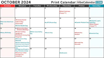 October 2024 Calendar with Holidays and Observances (All) #holiday #calendar #october thumbnail