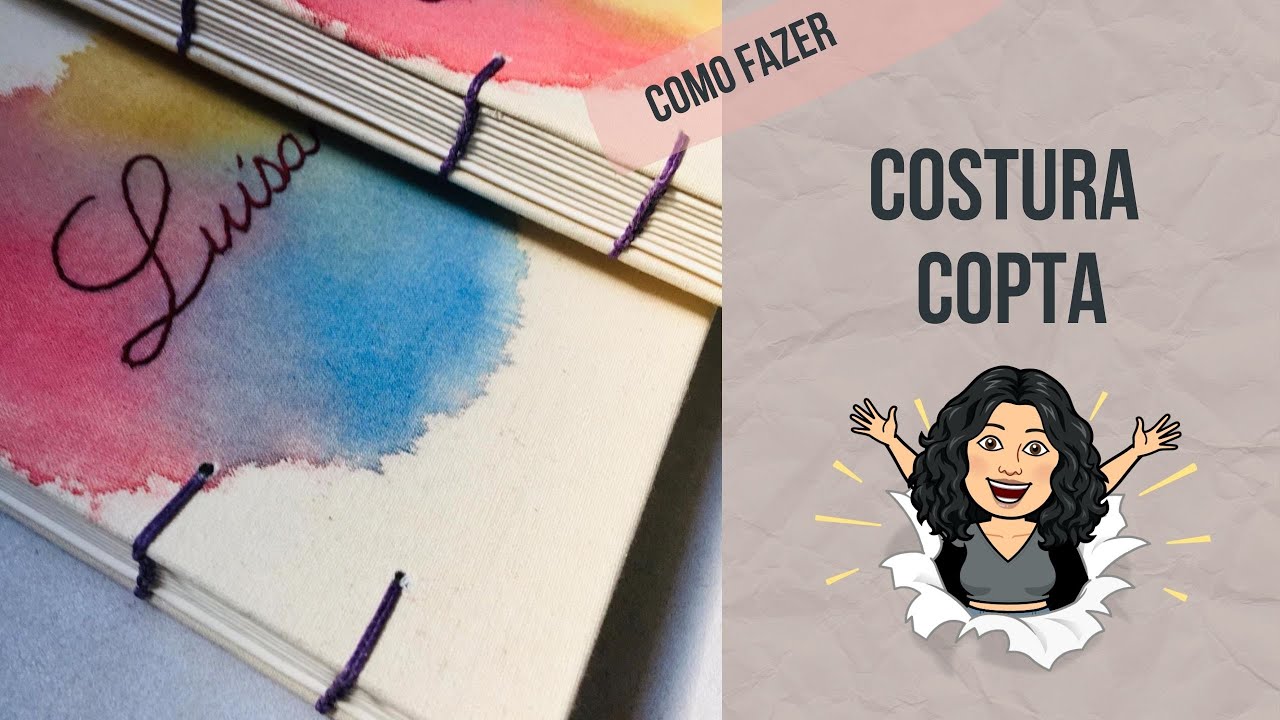 Caderno com costura copta (agulhas pareadas) e capa em aquarela e bordado