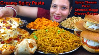 Eating Spicy🔥 Chinese Style Maggi, Cheesy Pizza, Spicy Pasta, Papdi Chaat, Hakka Noodles, Burger