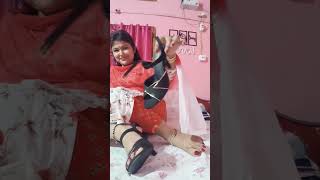 Indian candid asian soles on bed (white red suit, black high heels, red nails) #foot #feet #soles