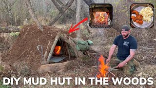 Solo Overnight Building a DIY Mud Hut with Fireplace in The Woods and Fried Chicken Gizzards