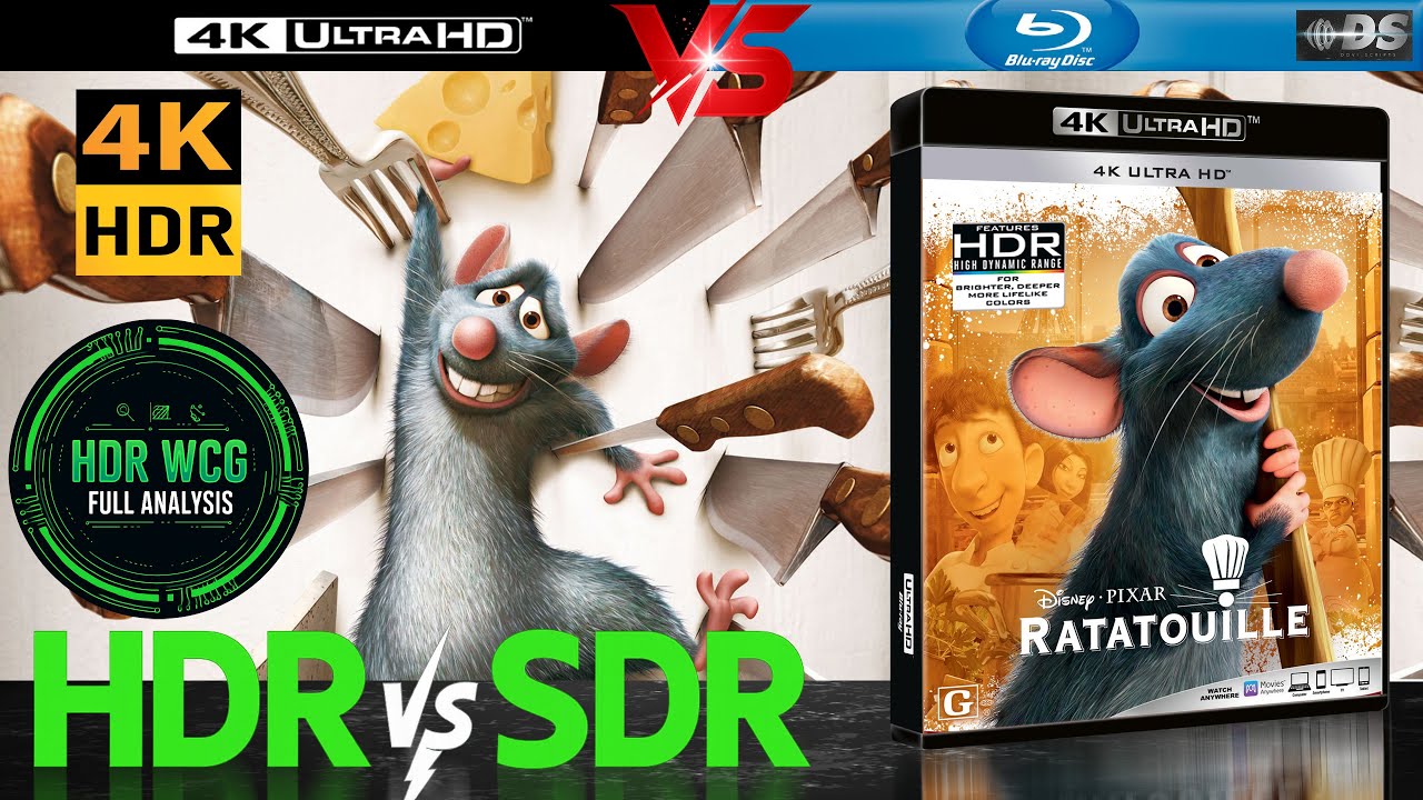 HDR DV WCG ATMOS ANALYSIS ( Ratatouille 2007 ) 4K UHD Blu Ray REVIEW vs 1080p BD SDR 100nits
