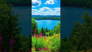 A Blue Lake View Surrounded By Flowers