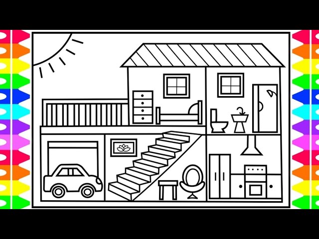 Doll House Drawing and Coloring - How to Draw Cute House 