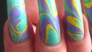 Super Easy Spring Pastel Easter Water Marble Nail Art Tutorial Using Lilac/Yellow/Green HD Video