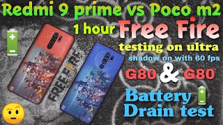 Redmi 9 prime vs Poco m2 free fire test & Batterydrain test | Playing 1 hour on ultra , shadow on