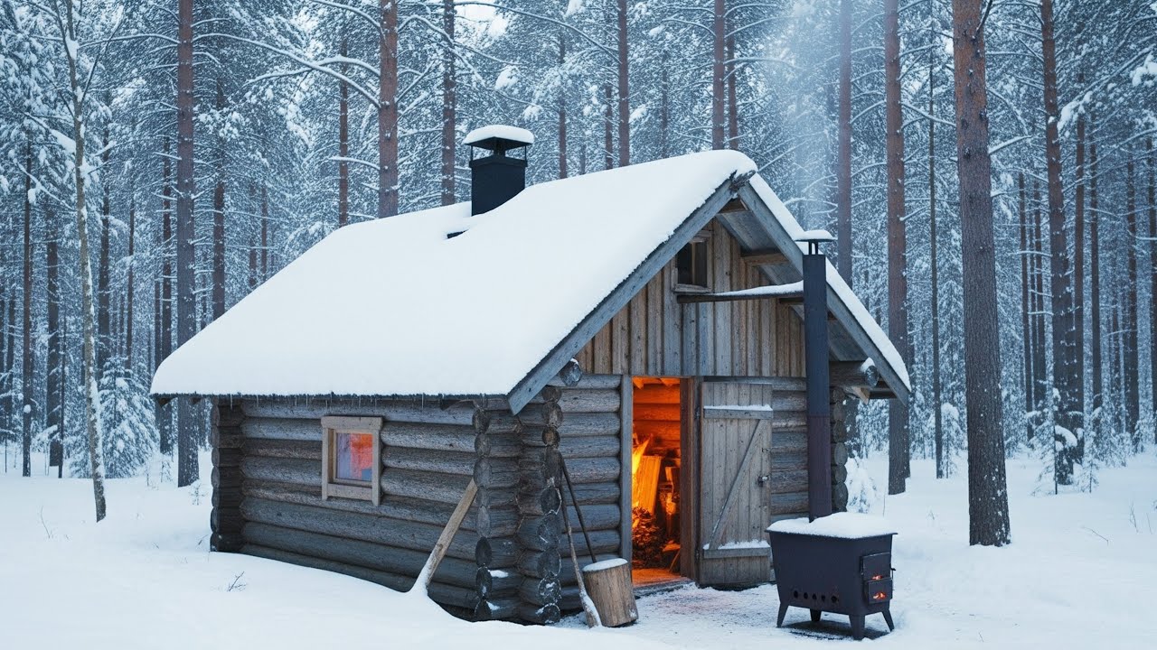 Building and Living in a Forest Cabin During Extreme Winter Cold