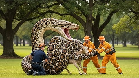Brave heroes face a large reticulated python to save a goat