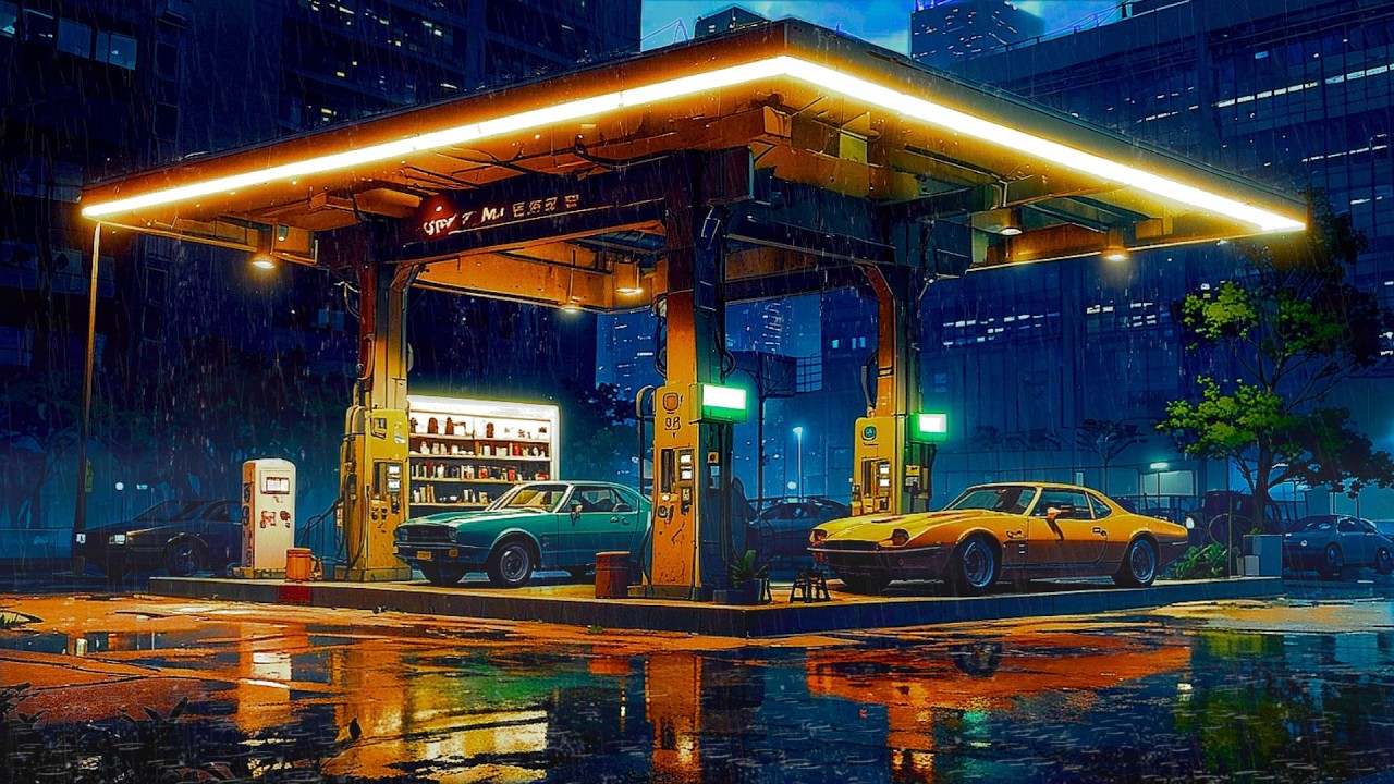 Town After Rain 🌧️ 90s Rainy Night at the Neon Gas Station 🌧️ | Lofi Beats to Chill & Focus
