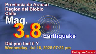 South Pacific Ocean, 42 km South of Lebu, Arauco, Region del Biobio, Chile Earthquake today now