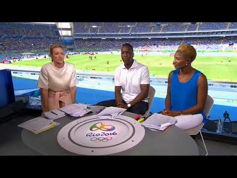 Gabby Logan struggling with split skirt at the Olympics