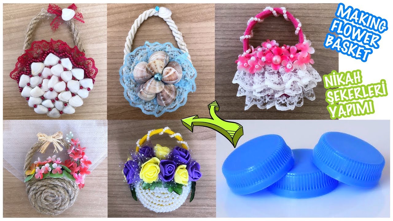 plastik sise kapaklari ile mini magnet sepet yapimi making flower basket with plastic bottle cap geri donusum elisleri elisi fikirleri boncuk tig desenleri