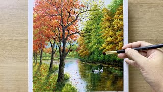 Daily Art #033 / Acrylic /  Couple of swans on autumn lake Painting